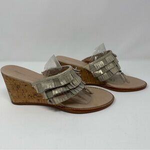 NEW Tommy Bahama Sandals Womens 9.5 B Melita Fringe Cork Wedge Thong Beige Suede